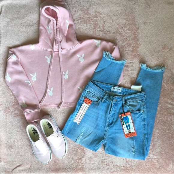 Missguided Tops - Missguided Playboy Cropped Hoodie Pink